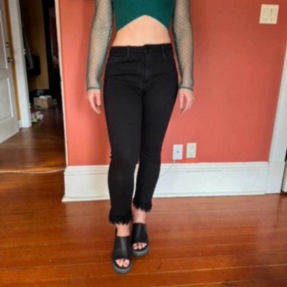 Stretchy Black Denim Fringe Jeans
